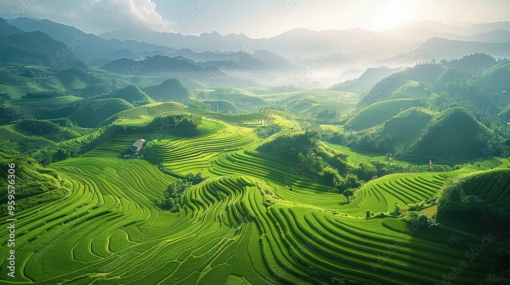 Fototapeta premium An aerial view of the rice paddies, the intricate patterns of the terraces as they wind around the hills. The fields are lush and green, with small village nestled among them, distant mountains.