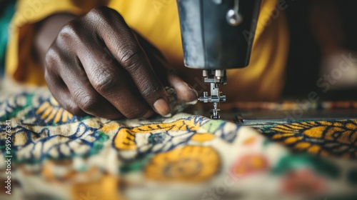 Craftsperson uses a sewing machine to skillfully stitch vibrant fabric designs in a cozy, well-lit workspace