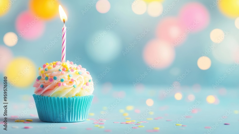 Vibrant decorations and a decorated cupcake with a candle enhance the festive mood of a birthday celebration on a cheerful blue background Vibrant decorations and a decorated cupcake with a candle enhance the festive mood of a birthday celebration on a cheerful blue background