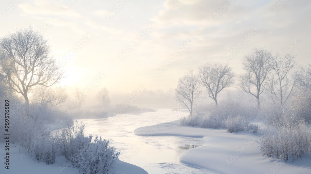 Obraz premium A frosty winter morning with a river winding through a snow-covered landscape.