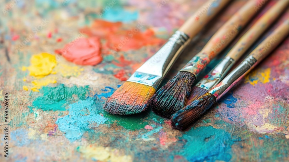 Fototapeta premium Three paintbrushes with vibrant colors lie on a stained palette filled with a variety of rich, colorful paints from an artistic endeavor