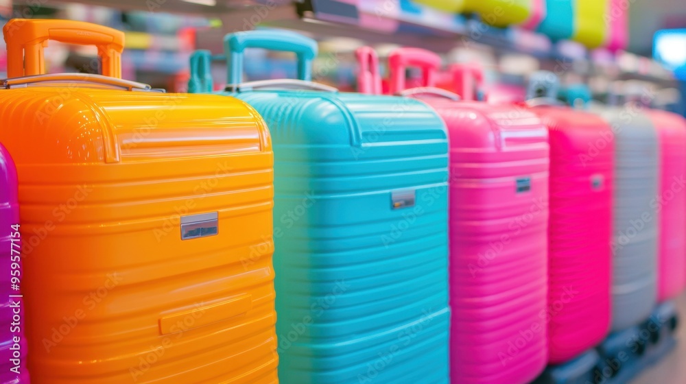 Fototapeta premium Brightly colored suitcases are neatly arranged in a luggage store, highlighting their unique styles and travel-friendly features