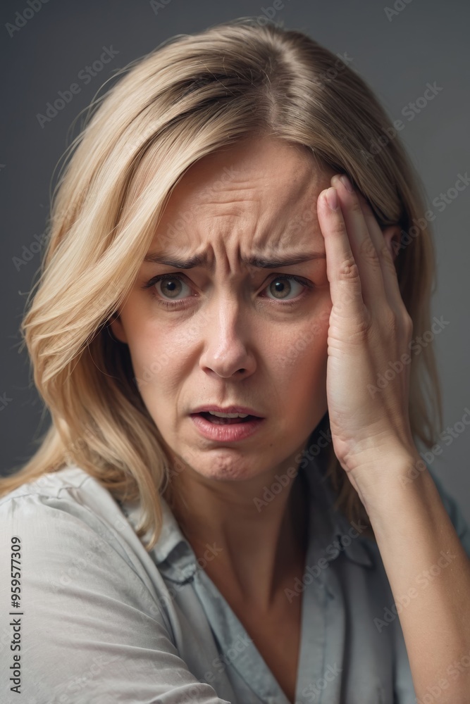 Worried woman holding forehead in studio setting portrait Worried woman holding forehead in studio setting portrait