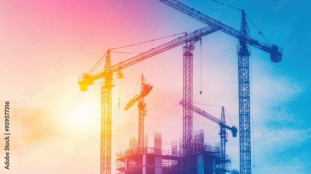 Construction cranes are actively assembling a structure, symbolizing growth and career potential in dynamic urban environments