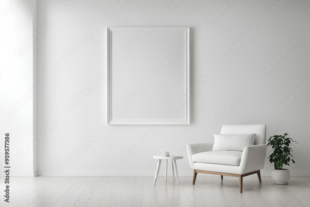 room with white wall and floor, modern interior design, white-toned white walls, a piece of furniture, a mock-up frame room with white wall and floor, modern interior design, white-toned white walls, a piece of furniture, a mock-up frame
