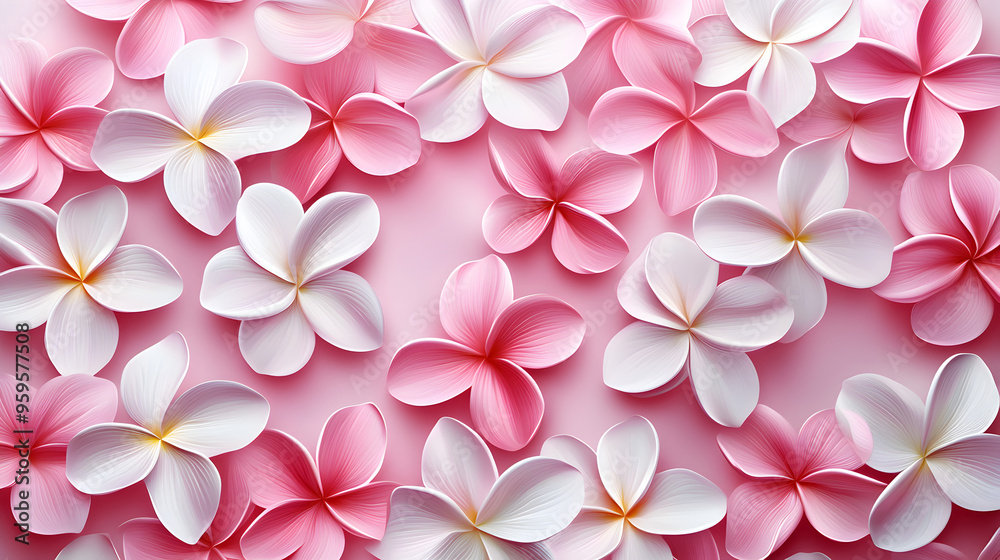 A flat vector illustration of a Plumeria floral border background, pink and white petals, arranged in a symmetrical pattern, With some space in the area for text, painting-like texture A flat vector illustration of a Plumeria floral border background, pink and white petals, arranged in a symmetrical pattern, With some space in the area for text, painting-like texture