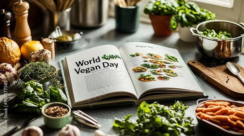 World Vegan Day  Vegan Recipe Book An open vegan recipe book on a kitchen counter