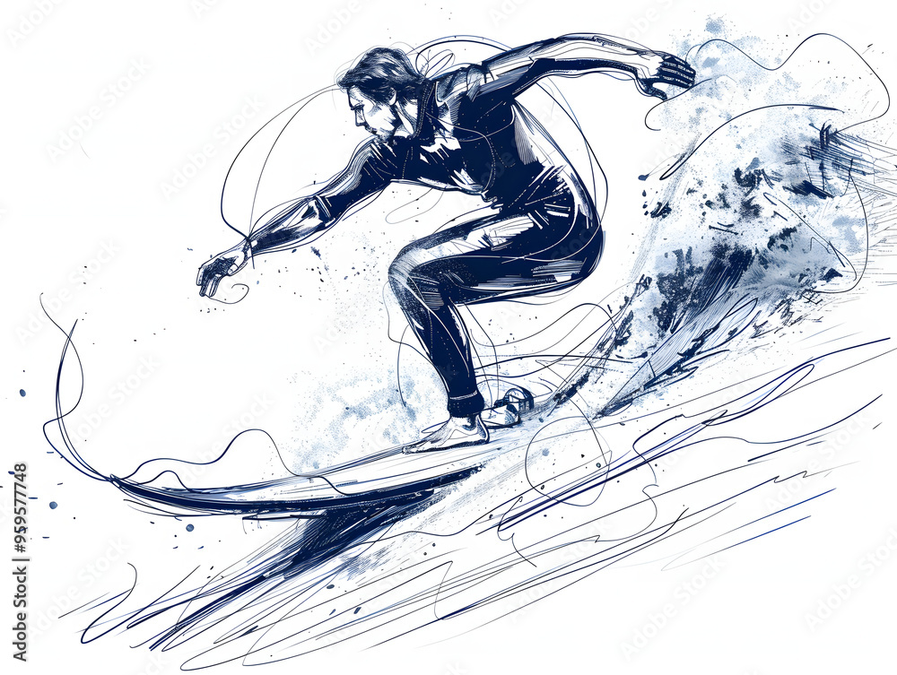 Surfing line drawing illustration Surfing line drawing illustration