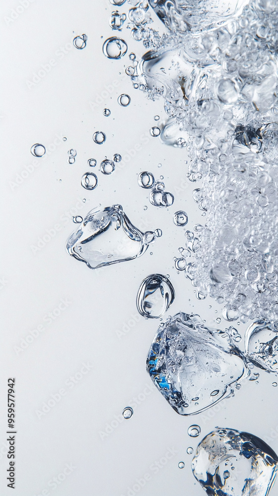 Water Splashing in a Glass with Ice Cubes, Illustration of ice on white background with bubbles. Water Splashing in a Glass with Ice Cubes, Illustration of ice on white background with bubbles.