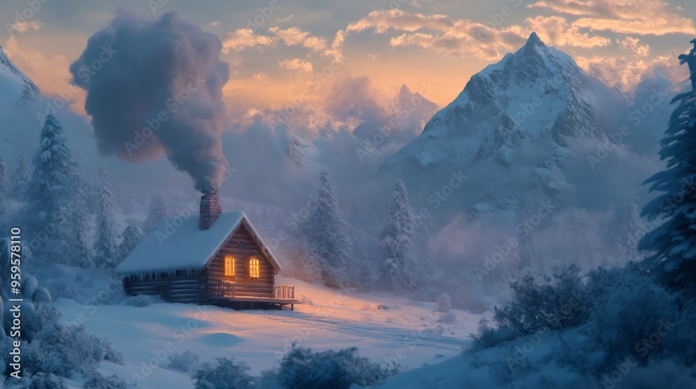A cozy cabin with a warm glow in the window sits in a snowy mountain valley. A cozy cabin with a warm glow in the window sits in a snowy mountain valley.