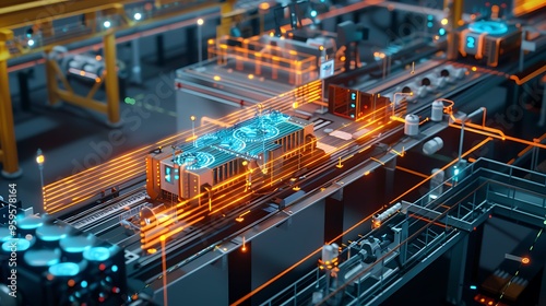 3D illustration of futuristic factory advanced robotics automation for Global Industrial Technology Machine Concept.
