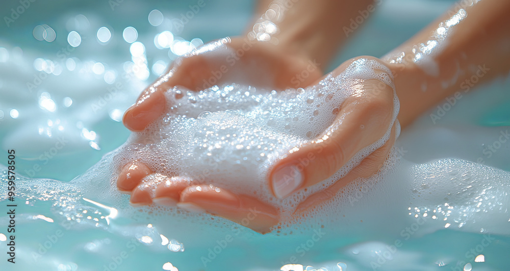 Fototapeta premium Both hands are cleaned and filled with soap bubbles, generative ai