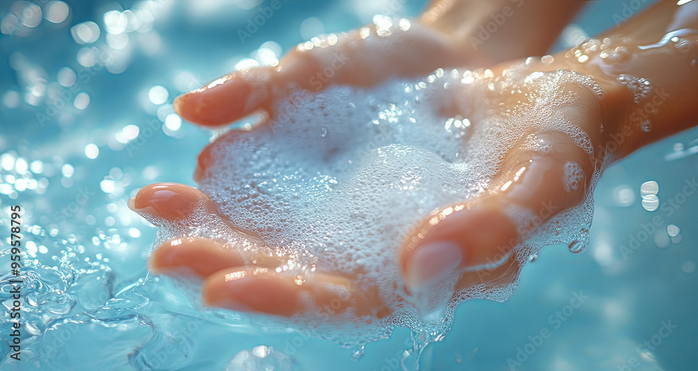 Both hands are cleaned and filled with soap bubbles, generative ai Both hands are cleaned and filled with soap bubbles, generative ai