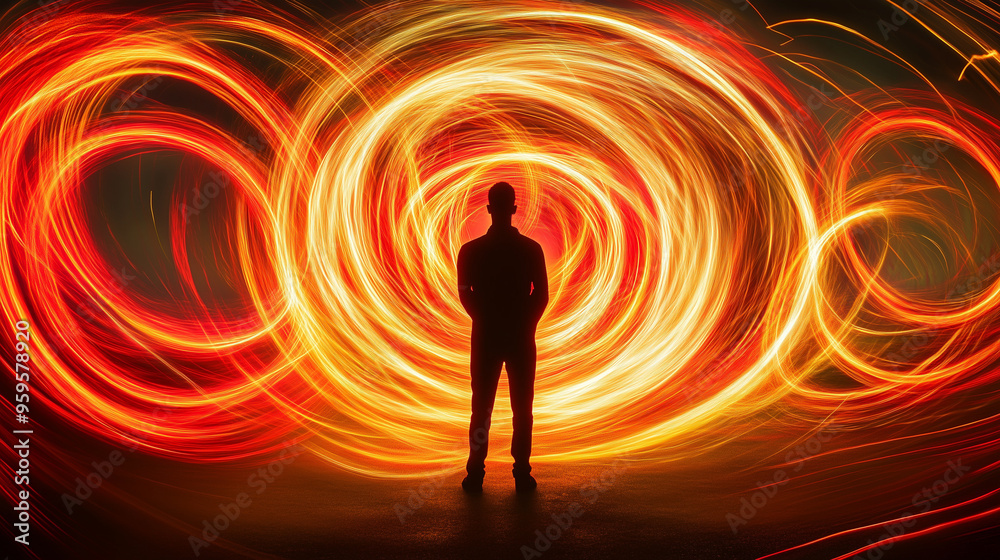 Silhouette of a man standing against a backdrop of fiery light swirls, creating a dramatic and intense visual effect with vibrant red and orange hues Silhouette of a man standing against a backdrop of fiery light swirls, creating a dramatic and intense visual effect with vibrant red and orange hues
