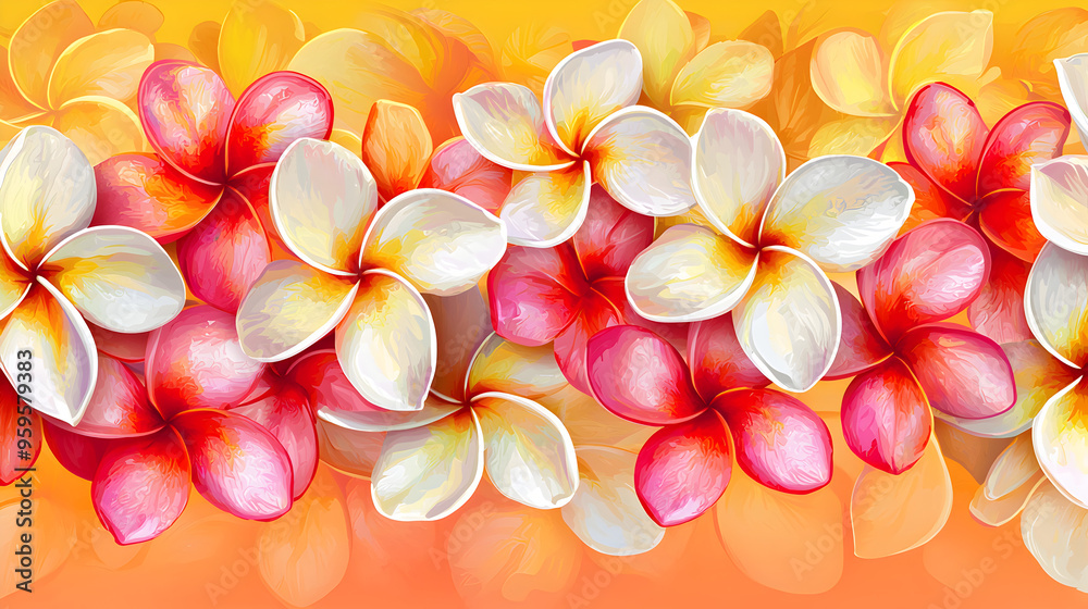 A flat vector illustration of a Plumeria border background, vibrant tropical colors, flowers forming a seamless pattern with a painted texture, soft and smooth gradients A flat vector illustration of a Plumeria border background, vibrant tropical colors, flowers forming a seamless pattern with a painted texture, soft and smooth gradients