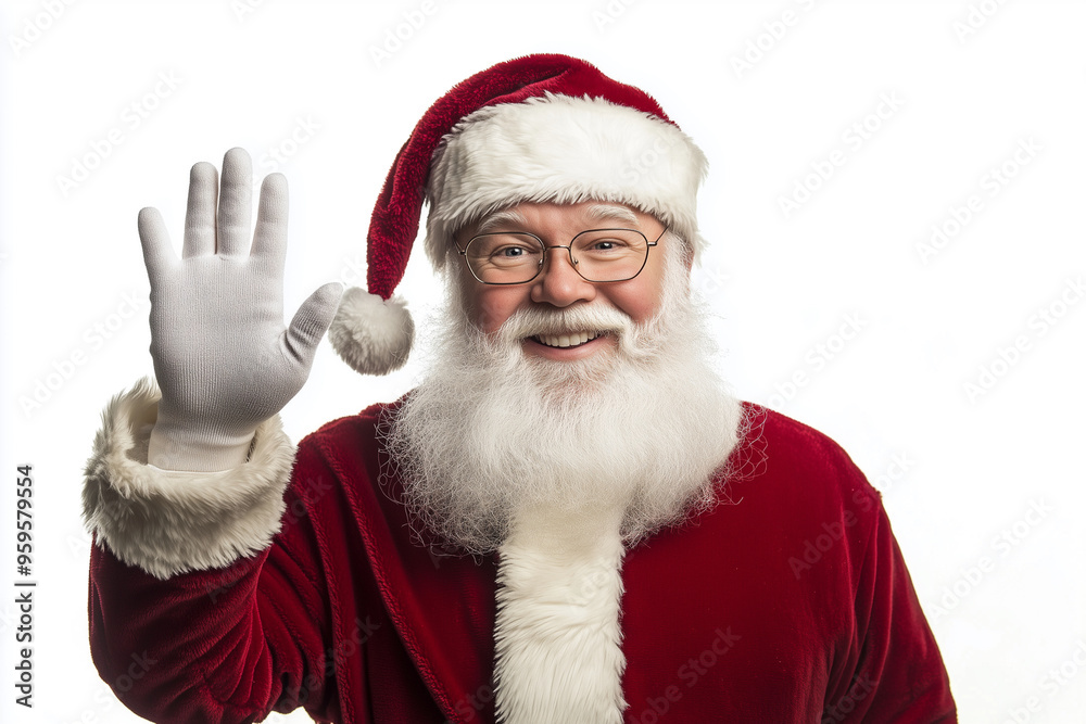 smiling Santa waving to the camera. The man is wearing a red suit and white gloves. He has a beard and glasses smiling Santa waving to the camera. The man is wearing a red suit and white gloves. He has a beard and glasses