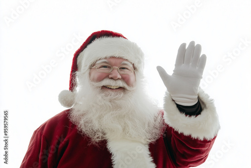 smiling Santa waving to the camera. The man is wearing a red suit and white gloves. He has a beard and glasses