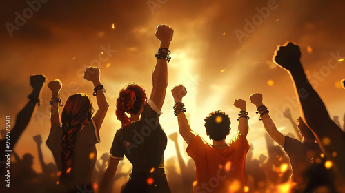 A group of people raising t...