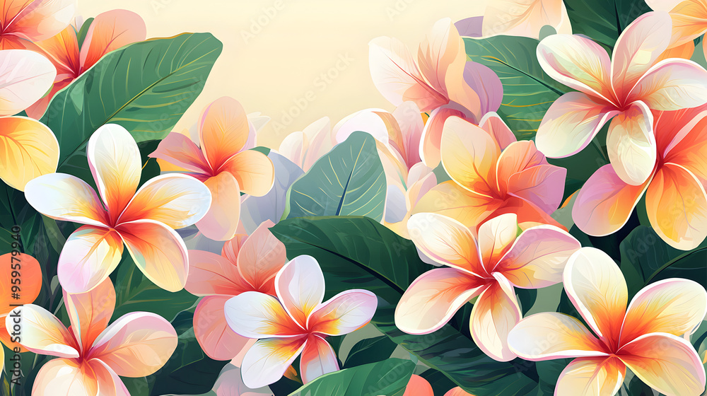 A flat vector illustration of a Plumeria border background, vibrant tropical colors, flowers forming a seamless pattern with a painted texture, soft and smooth gradients A flat vector illustration of a Plumeria border background, vibrant tropical colors, flowers forming a seamless pattern with a painted texture, soft and smooth gradients