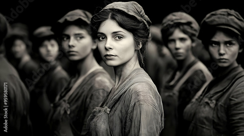 A group of women in historical attire, conveying a somber atmosphere.