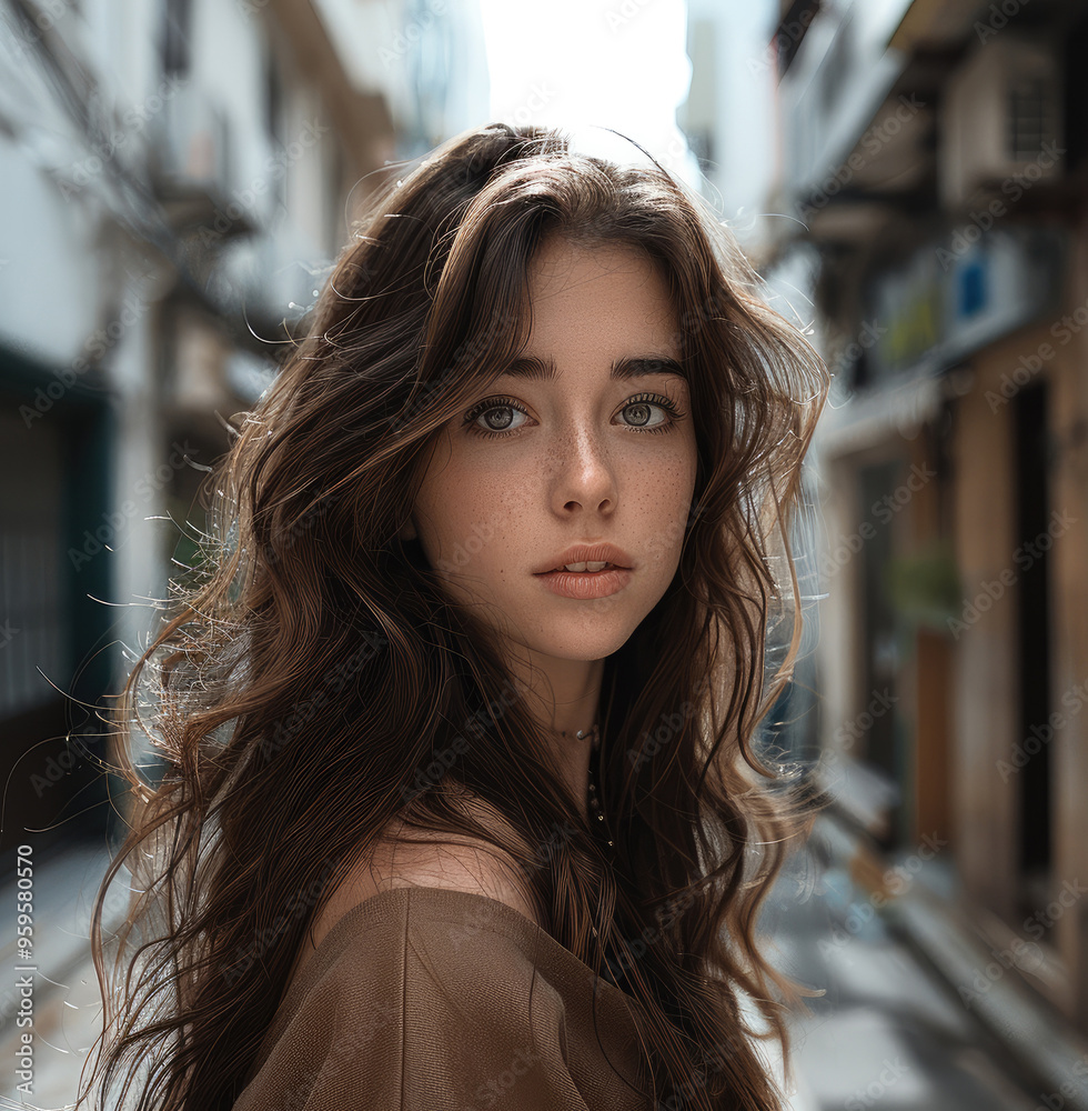 A model girl brown hair behind in a street. Generative AI. A model girl brown hair behind in a street. Generative AI.