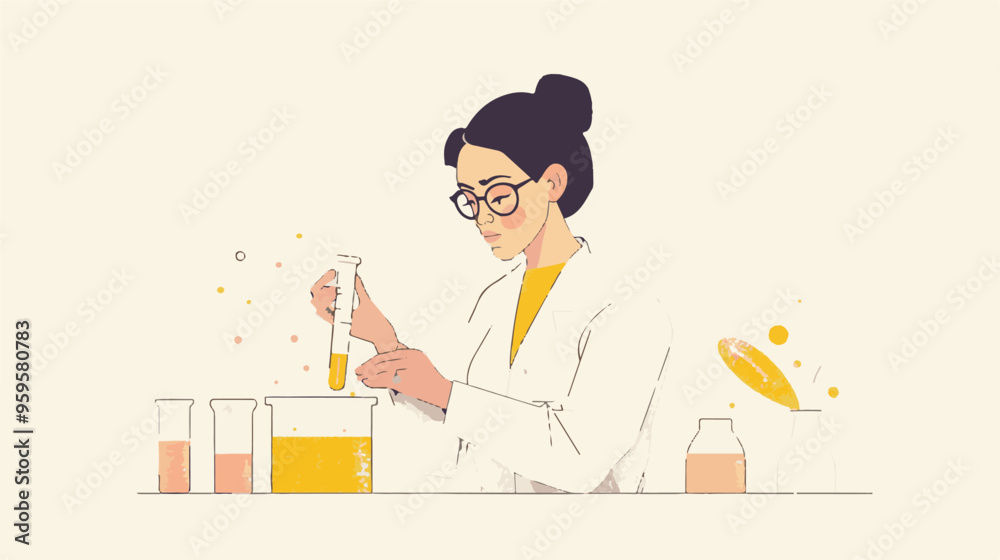 A flat illustration of a female scientist with glasses, in her laboratory white background,
A flat illustration of a female scientist with glasses, in her laboratory white background,