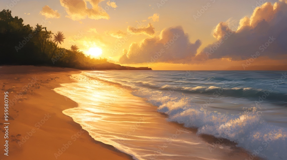 A golden sunset casts a warm glow over a sandy beach and the ocean, creating a tranquil and picturesque scene. A golden sunset casts a warm glow over a sandy beach and the ocean, creating a tranquil and picturesque scene.