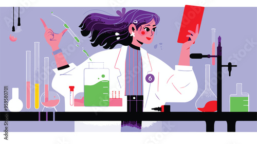 A flat illustration of a female scientist with glasses, in her laboratory white background,
