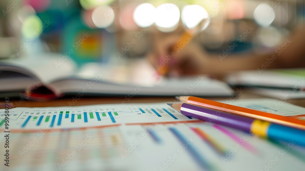 Colored pencils with graph paper Financial Data Document for Business Marketing Financial concept. Colored pencils with graph paper Financial Data Document for Business Marketing Financial concept.