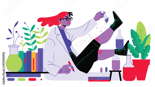A flat illustration of a female scientist with glasses, in her laboratory white background,
