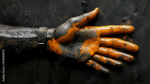 A hand covered in black and...