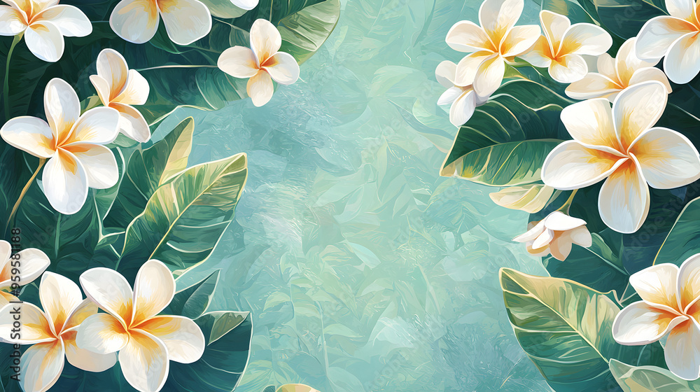 A flat vector illustration of a Plumeria border, intricate pattern with overlapping flowers , With some space in the area for text, soft pastel shades, painted with subtle textures A flat vector illustration of a Plumeria border, intricate pattern with overlapping flowers , With some space in the area for text, soft pastel shades, painted with subtle textures