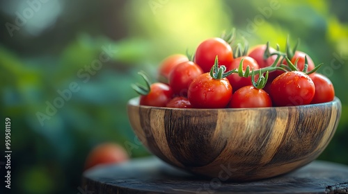 Fresh Juicy Tomatoes in Rustic Wooden Bowl with Vibrant Red Hues on Blurred Background