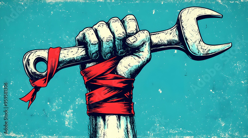 A hand holding a wrench, sy...