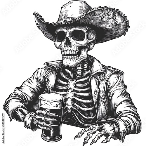 A skeleton wearing a cowboy hat and drinking a beer. generative AI