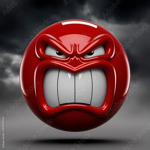 3D circle with squinted eyes and a downward-line mouth, bright red with a glossy finish, set against a dark gray stormy background. photo