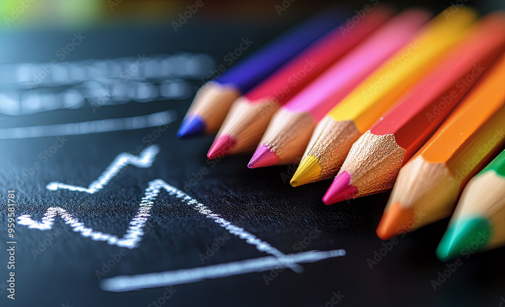 colour crayon pencils with graph on blackboard colour crayon pencils with graph on blackboard