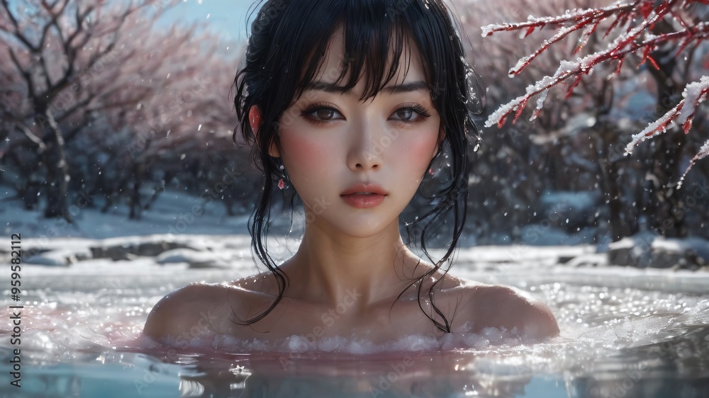 semi realistic artwork close up beautiful japanese or asian women under the rains and snow with cool background semi realistic artwork close up beautiful japanese or asian women under the rains and snow with cool background
