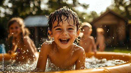 A joyful child splashes in ...