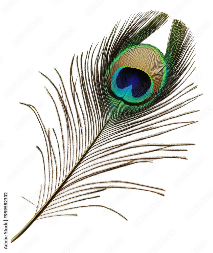 Fototapeta premium Peacock feather on white surface, cut out - stock png.