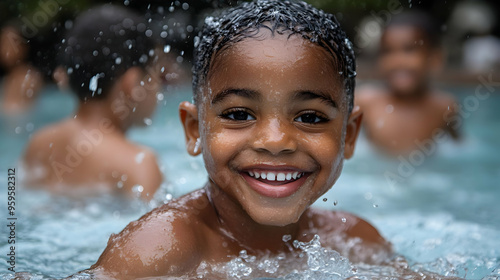 A joyful child swimming and...