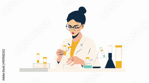 A flat illustration of a female scientist with glasses, in her laboratory white background,

