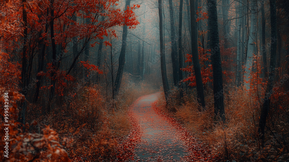 Obraz premium Misty forest path in autumn with red leaves covering the trail, surrounded by tall trees and a foggy atmosphere, creating a mysterious and serene landscape