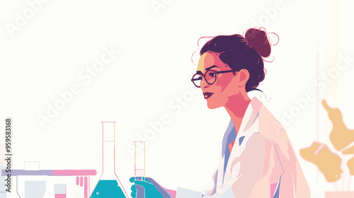 A flat illustration of a female scientist with glasses, in her laboratory white background,
