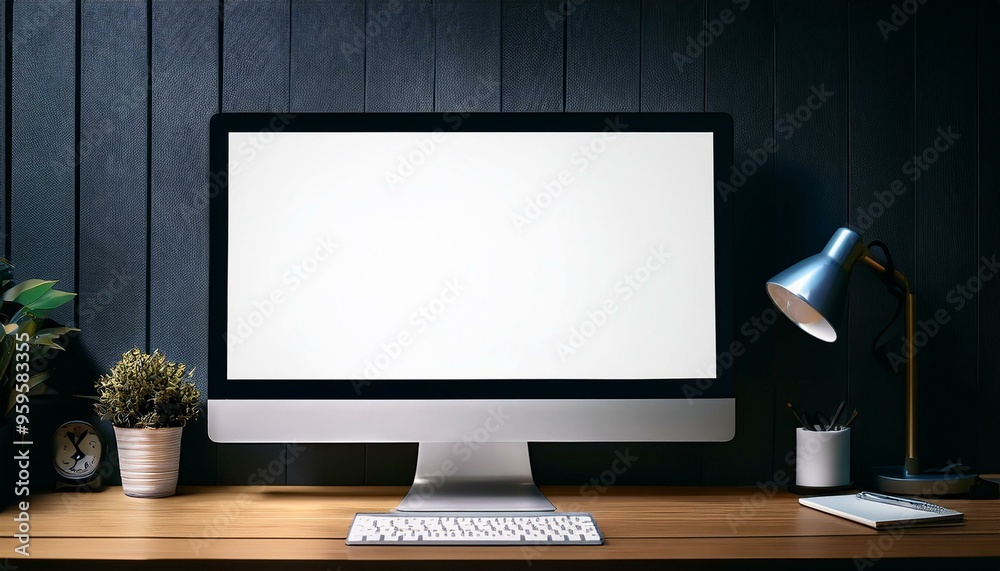 Sleek Computer Setup: Empty Screen on Wooden Desk with Dark Wall Backdrop for Professional Mockups Sleek Computer Setup: Empty Screen on Wooden Desk with Dark Wall Backdrop for Professional Mockups