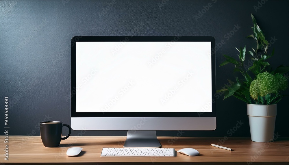 Sleek Computer Setup: Empty Screen on Wooden Desk with Dark Wall Backdrop for Professional Mockups Sleek Computer Setup: Empty Screen on Wooden Desk with Dark Wall Backdrop for Professional Mockups