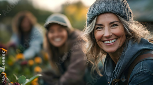 A joyful woman smiles while...