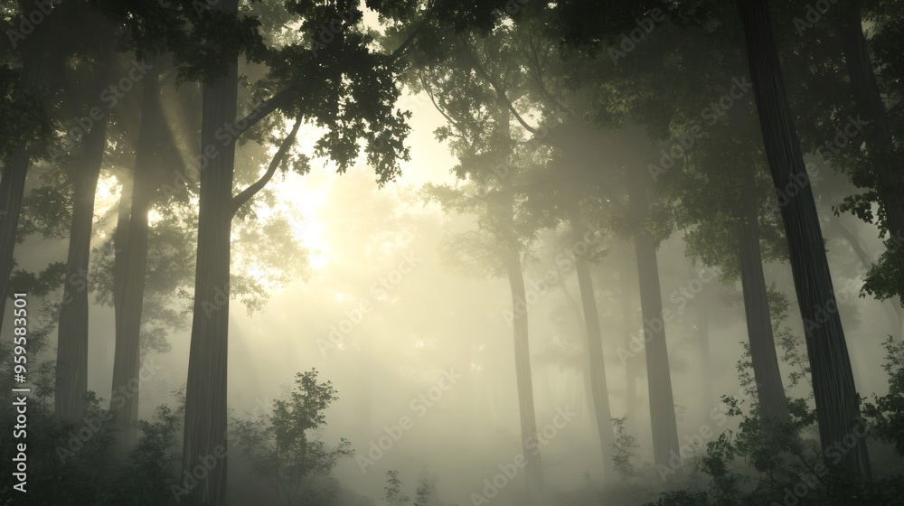 A misty forest with tall trees and sunlight peeking through the canopy. A misty forest with tall trees and sunlight peeking through the canopy.