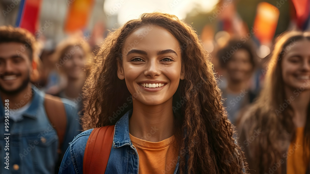 A joyful young woman leading a crowd during a lively event. A joyful young woman leading a crowd during a lively event.