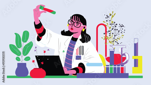 A flat illustration of a female scientist with glasses, in her laboratory white background,
